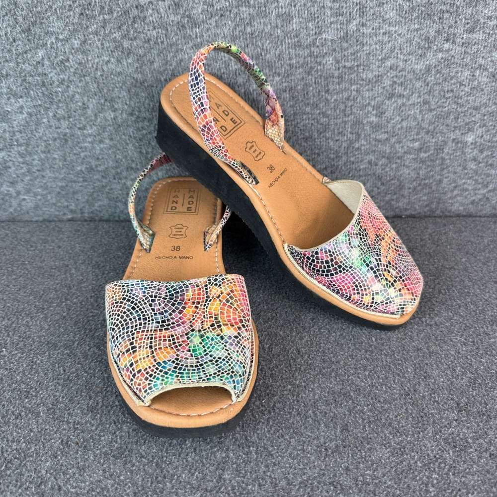 Handmade Multi Leather Mosaic Wedge Sandals Size 38 Slingback‎ Peep Toe Shoes